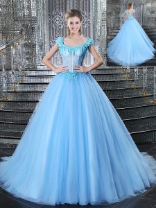 Excellent Brush Train Ball Gowns Sweet 16 Quinceanera Dress Light Blue Straps Tulle Sleeveless With Train Lace Up