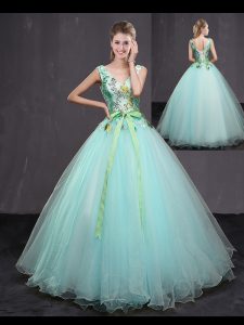 Floor Length Lace Up Quinceanera Dresses Aqua Blue for Military Ball and Sweet 16 and Quinceanera with Appliques and Belt