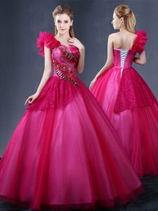 Best One Shoulder Fuchsia Tulle Lace Up 15th Birthday Dress Sleeveless Floor Length Lace and Appliques and Ruffles