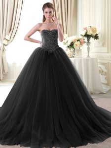 Pretty Sweetheart Sleeveless Quince Ball Gowns Floor Length Beading Black Tulle