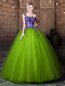 Exquisite Olive Green One Shoulder Lace Up Pattern Quinceanera Gowns Sleeveless