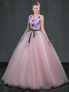 Elegant Scoop Sleeveless Organza Floor Length Lace Up Quince Ball Gowns in Pink with Appliques