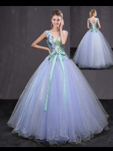 Best Tulle Sleeveless Floor Length Sweet 16 Dresses and Appliques and Belt