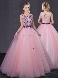 Free and Easy Scoop Tulle Sleeveless Floor Length Ball Gown Prom Dress and Appliques