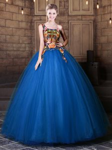 One Shoulder Blue Ball Gowns Pattern Quinceanera Gowns Lace Up Tulle Sleeveless Floor Length