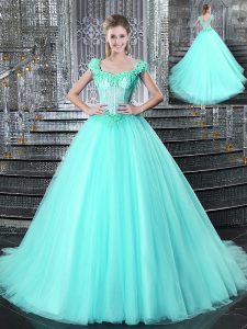 Fashionable Straps With Train Ball Gowns Sleeveless Aqua Blue Quinceanera Gown Brush Train Lace Up