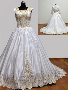 Inexpensive White Ball Gowns Square Sleeveless Taffeta With Brush Train Zipper Embroidery Quinceanera Dresses