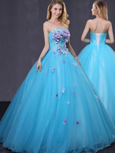 Baby Blue Sleeveless Floor Length Appliques Lace Up Quinceanera Dresses