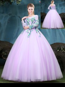 Scoop Lilac Long Sleeves Appliques Floor Length Ball Gown Prom Dress