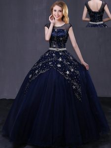 Suitable Scoop Navy Blue Tulle Lace Up Quinceanera Gowns Cap Sleeves Floor Length Beading and Belt