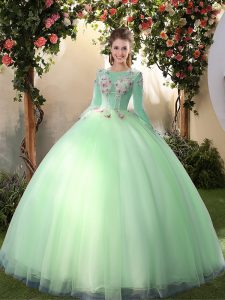 Scoop Apple Green Long Sleeves Appliques Floor Length Quince Ball Gowns