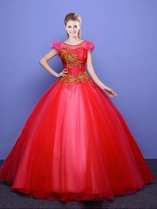 Glamorous Scoop Coral Red Lace Up 15 Quinceanera Dress Appliques Short Sleeves Floor Length
