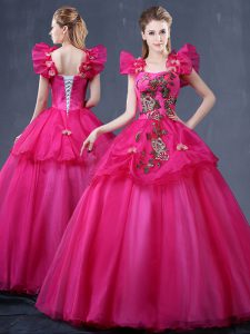 Straps Sleeveless Tulle Floor Length Lace Up Quinceanera Gowns in Fuchsia with Appliques