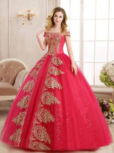 Off the Shoulder Red Sleeveless Appliques and Sequins Floor Length 15th Birthday Dress