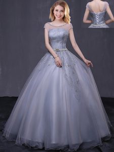 Grey Ball Gowns Tulle Scoop Cap Sleeves Beading and Belt Floor Length Lace Up Quinceanera Dresses
