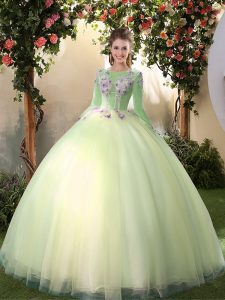 Light Yellow Quinceanera Dress Military Ball and Sweet 16 and Quinceanera and For with Appliques Scoop Long Sleeves Lace Up