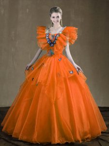 High Class Organza Sweetheart Sleeveless Lace Up Appliques and Ruffles Sweet 16 Quinceanera Dress in Orange Red