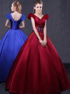 Dazzling Wine Red Ball Gowns Satin V-neck Cap Sleeves Appliques Floor Length Lace Up Quinceanera Dress