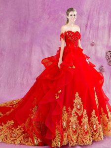 Off the Shoulder Sleeveless With Train Beading and Appliques and Ruffles Lace Up Sweet 16 Quinceanera Dress with Red Court Train
