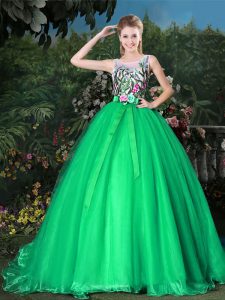 New Style Scoop Zipper Quinceanera Dresses Green for Military Ball and Sweet 16 and Quinceanera with Appliques and Belt Brush Train