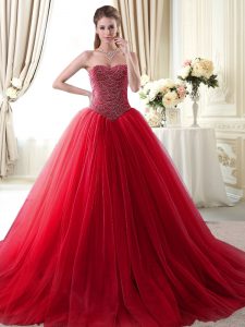 Red Tulle Lace Up Sweetheart Sleeveless With Train Quinceanera Dresses Brush Train Beading