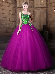 Simple Purple Ball Gowns Tulle One Shoulder Sleeveless Pattern Floor Length Lace Up Sweet 16 Dress