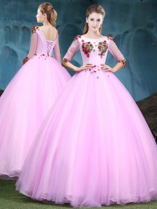Beautiful Baby Pink Ball Gowns Scoop Half Sleeves Tulle Floor Length Lace Up Appliques Sweet 16 Quinceanera Dress