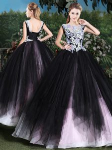 Pink And Black Scoop Lace Up Appliques and Ruffles Quinceanera Dresses Sleeveless