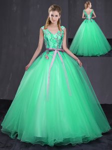 Great Floor Length Ball Gowns Sleeveless Turquoise Quinceanera Gown Lace Up