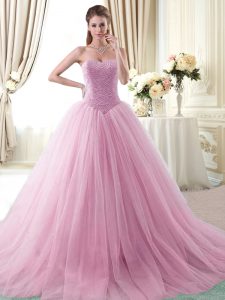 Sleeveless Brush Train Lace Up With Train Beading Quinceanera Dress