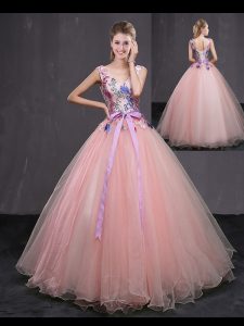 Comfortable Baby Pink Lace Up V-neck Appliques and Belt Quinceanera Dress Tulle Sleeveless