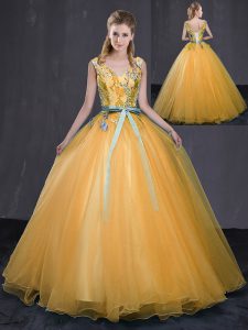 V-neck Sleeveless Tulle 15th Birthday Dress Appliques and Belt Lace Up