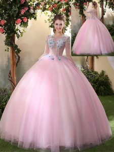 High Quality Baby Pink Quinceanera Gown Military Ball and Sweet 16 and Quinceanera and For with Appliques Scoop Long Sleeves Lace Up