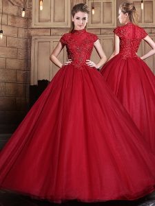 Wine Red Zipper High-neck Appliques Quinceanera Gown Tulle Short Sleeves