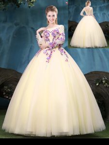 Scoop Tulle Long Sleeves Floor Length 15 Quinceanera Dress and Appliques
