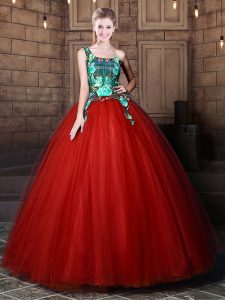 One Shoulder Rust Red Sleeveless Floor Length Pattern Lace Up Sweet 16 Dress