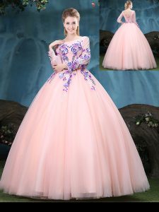 Delicate Baby Pink Ball Gowns Tulle Scoop Long Sleeves Appliques Floor Length Lace Up Quinceanera Dresses