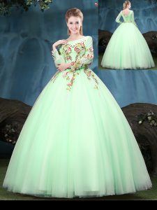 Extravagant Scoop Long Sleeves Lace Up Floor Length Appliques Quinceanera Gowns