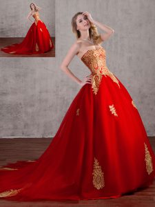 Court Train Ball Gowns Sweet 16 Dresses Red Strapless Tulle Sleeveless With Train Lace Up