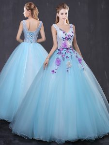 Dramatic Lace and Appliques Sweet 16 Dresses Light Blue Lace Up Sleeveless Floor Length
