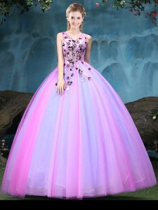 Pretty Sleeveless Tulle Floor Length Lace Up Sweet 16 Dresses in Multi-color with Appliques