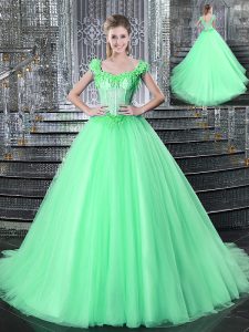 Apple Green Quinceanera Gowns Military Ball and Sweet 16 and Quinceanera and For with Beading and Appliques Straps Sleeveless Brush Train Lace Up