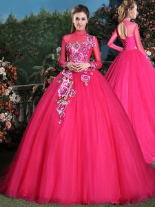 Admirable Coral Red High-neck Neckline Appliques Quinceanera Dresses Long Sleeves Lace Up