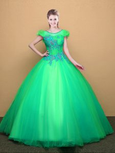 Hot Selling Scoop Short Sleeves Quince Ball Gowns Floor Length Appliques Turquoise Tulle