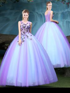 V-neck Sleeveless Tulle Sweet 16 Dress Appliques Lace Up