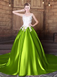 Vintage Scoop Yellow Green Elastic Woven Satin Lace Up Ball Gown Prom Dress Sleeveless With Train Court Train Lace and Appliques