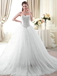 Modest White Sleeveless With Train Beading Lace Up Quince Ball Gowns