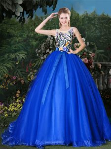 Custom Fit Scoop Ball Gowns Sleeveless Royal Blue 15 Quinceanera Dress Brush Train Zipper