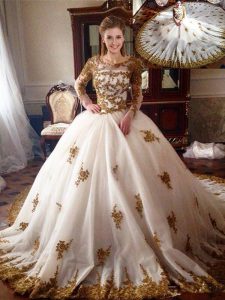 White Ball Gowns Scoop Long Sleeves Tulle With Train Chapel Train Zipper Appliques 15 Quinceanera Dress