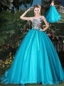 Low Price Scoop Teal Zipper Quinceanera Dresses Appliques and Belt Sleeveless Brush Train